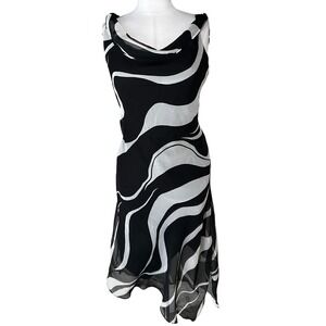 Vintage Breakin' Loose Midi Dress Size 10 Black White Abstract Cowl Neck Y2K